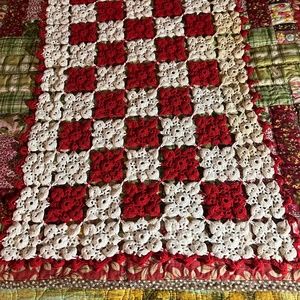 Vintage..Red and White Squared Crochet Doily